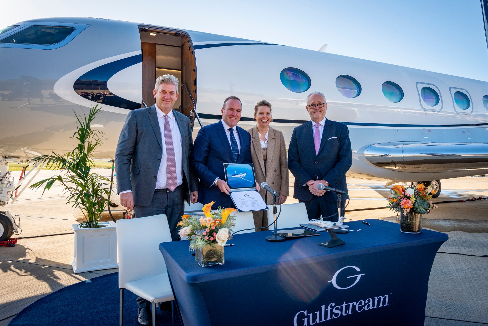 Oliver Bergsch, Gulfstream’s regional vice president of sales for Central and Eastern Europe; Mike Swift, Gulfstream’s group vice president of sales for Europe, the Middle East, Africa and Asia Pacific; Svenja Wortmann, managing director, DC Aviation; and Stuart Burrows, authorized signatory and accountable manager, DC Aviation